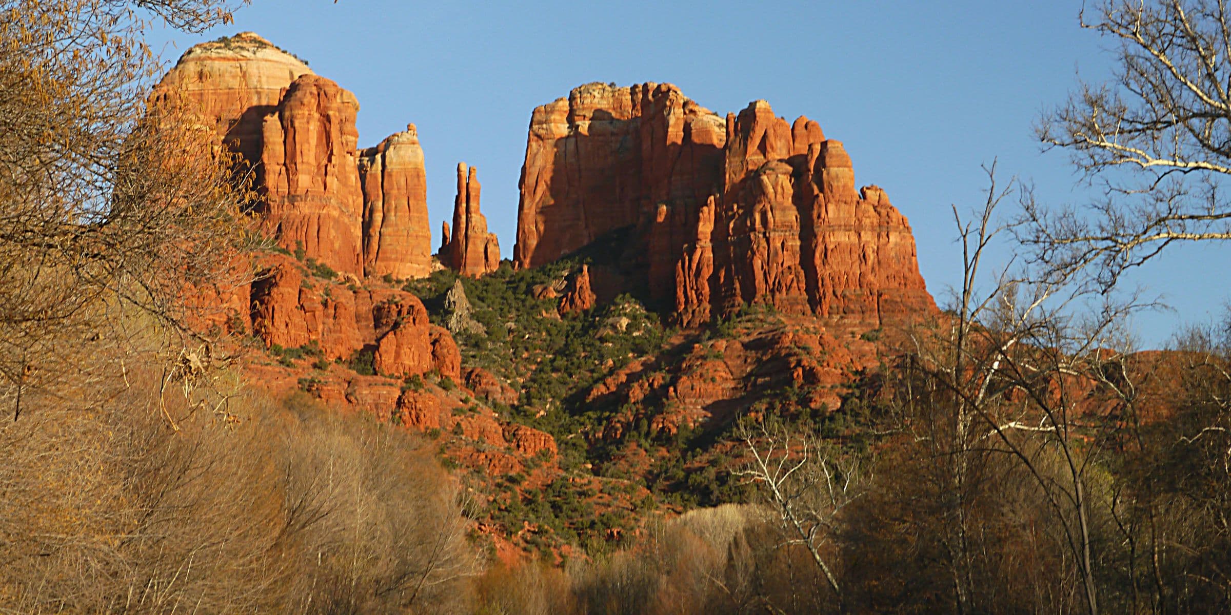 Cathedral Rock formation reflected in Oak Creek, Sedona Arizona