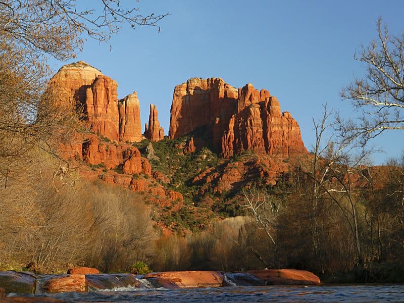 Cathedral Rock formation reflected in Oak Creek, Sedona Arizona