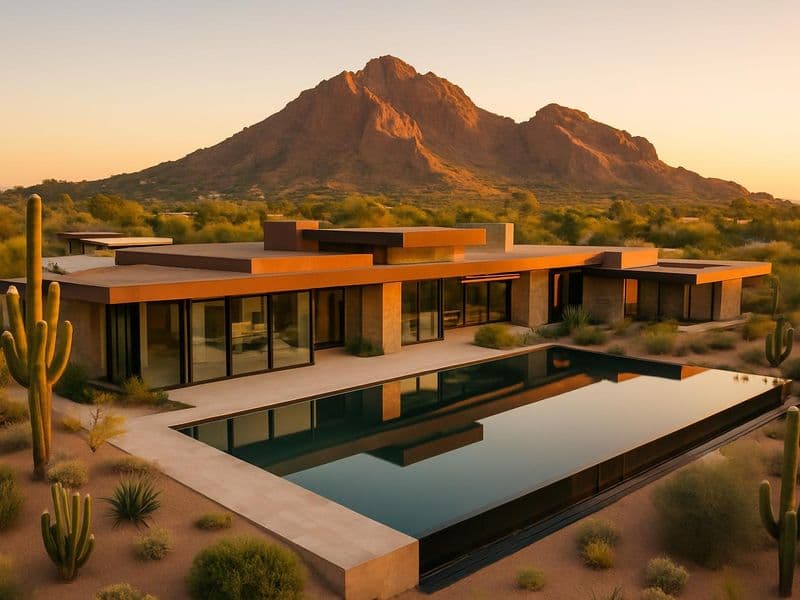 Ultra-luxury modern estate in Paradise Valley Arizona with infinity pool and Camelback Mountain views at golden hour