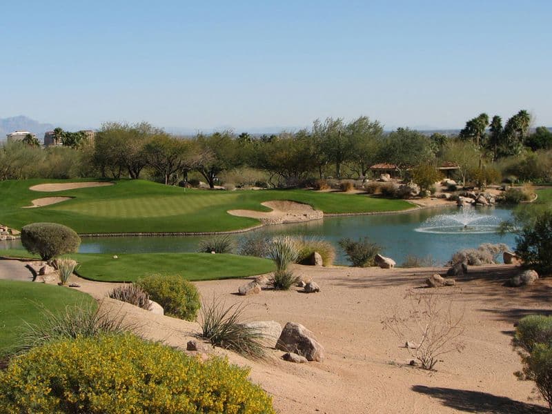 The Canyon Course at The Phoenician resort, Scottsdale Arizona, with Camelback Mountain in the background