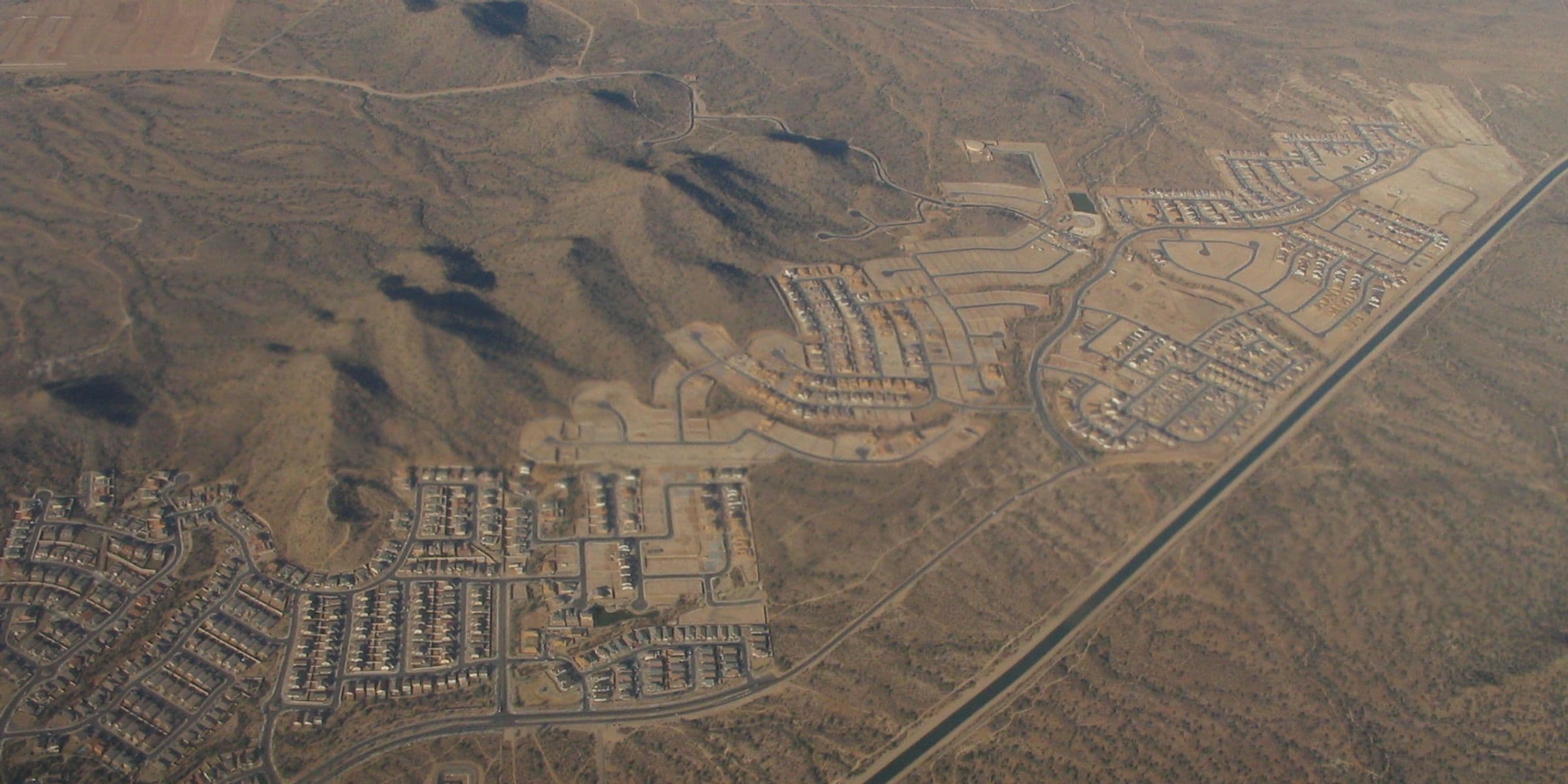 Aerial view of Phoenix suburban development at the desert edge, north Phoenix valley